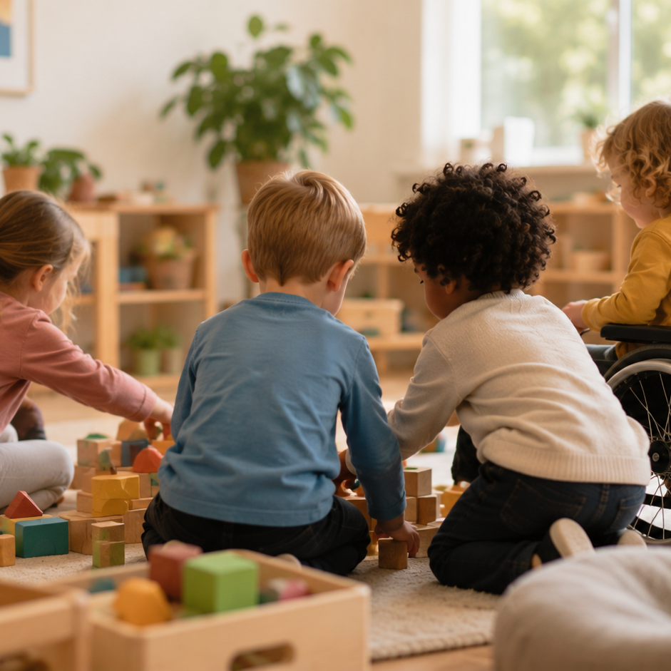 Inklusionsberatung in der Kinderbetreuung Inklusion in der Kinderbetreuung, Szene zeigt dies am Beispiel eine Grupe spielender Kinder, eines davon mit Beeinträchtigung.